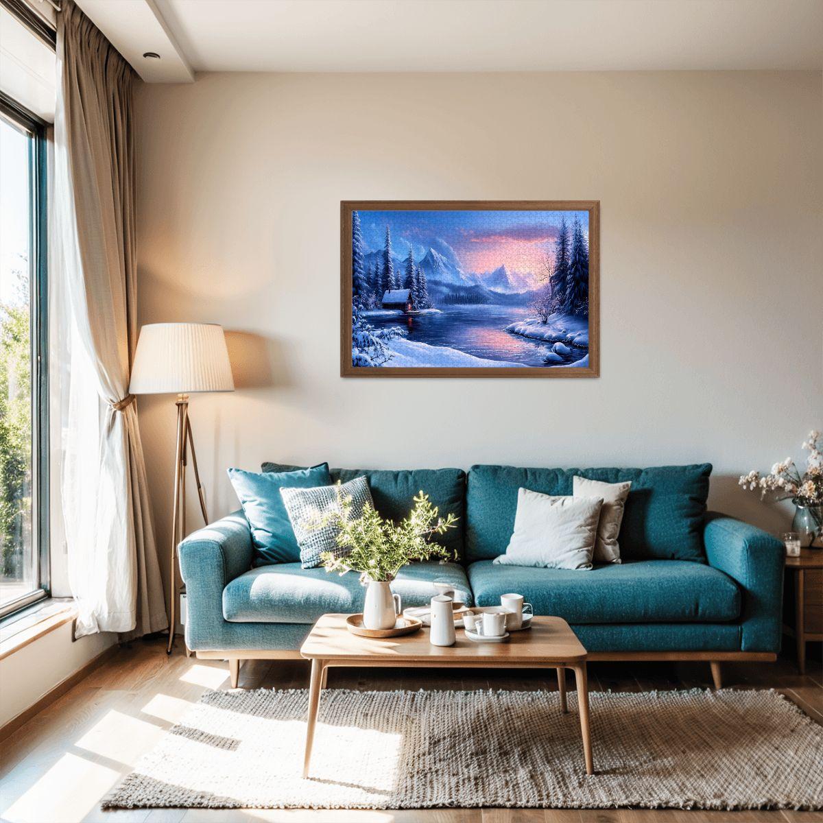 Winter Cabin Wooden Jigsaw Puzzle: Cozy Mountain Lake Sunset Scene