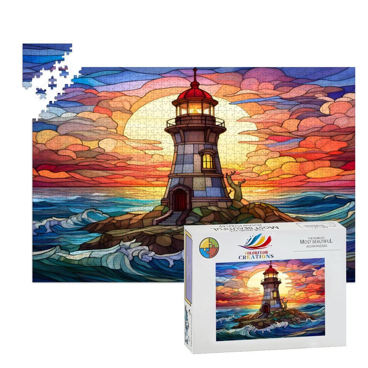 Lighthouse Stained Glass Puzzle: Sunset Ocean Coastal Art,  Wooden Jigsaw