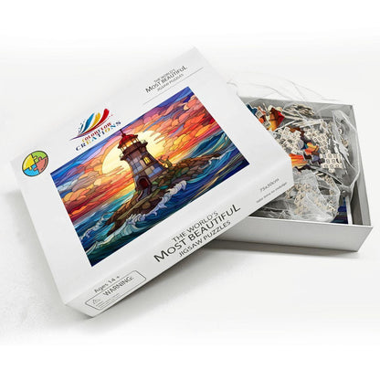 Lighthouse Stained Glass Puzzle: Sunset Ocean Coastal Art,  Wooden Jigsaw