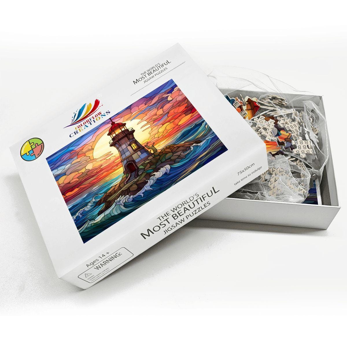 Lighthouse Stained Glass Puzzle: Sunset Ocean Coastal Art,  Wooden Jigsaw