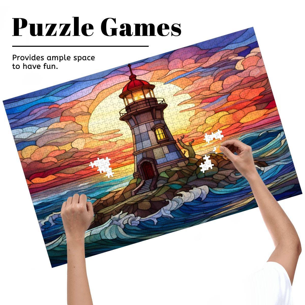 Lighthouse Stained Glass Puzzle: Sunset Ocean Coastal Art,  Wooden Jigsaw