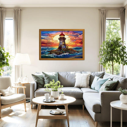 Lighthouse Stained Glass Puzzle: Sunset Ocean Coastal Art,  Wooden Jigsaw