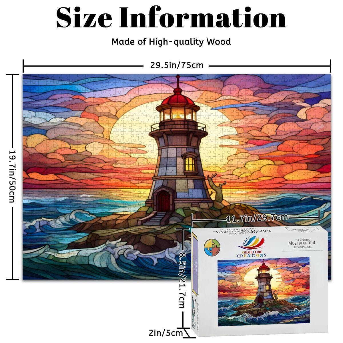 Lighthouse Stained Glass Puzzle: Sunset Ocean Coastal Art,  Wooden Jigsaw