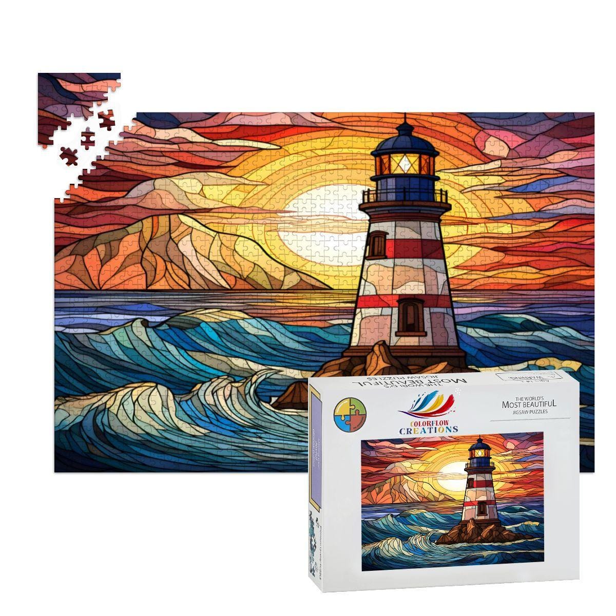 Stained Glass Lighthouse Puzzle: Coastal Sunset Design -