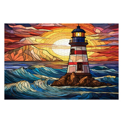 Stained Glass Lighthouse Puzzle: Coastal Sunset Design -