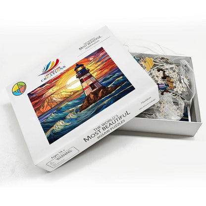 Stained Glass Lighthouse Puzzle: Coastal Sunset Design -