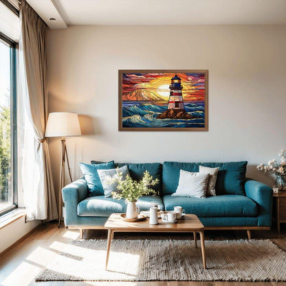 Stained Glass Lighthouse Puzzle: Coastal Sunset Design -