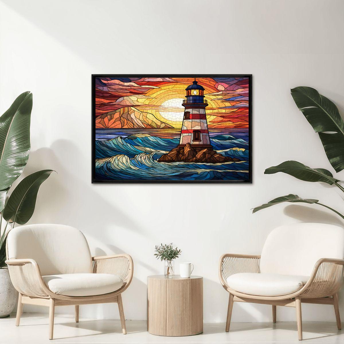 Stained Glass Lighthouse Puzzle: Coastal Sunset Design -