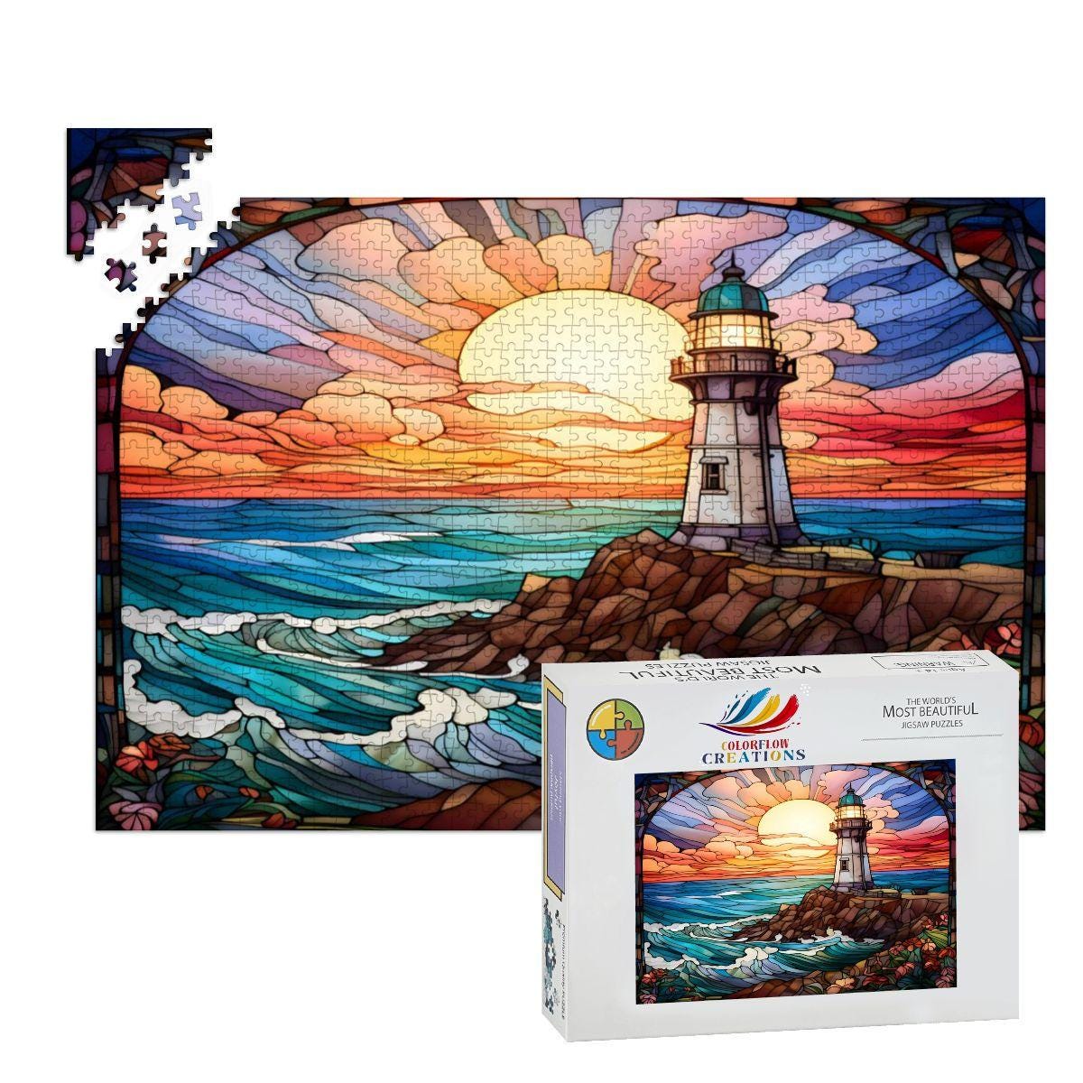 Stained Glass Lighthouse Puzzle: Ocean Sunset Scene,