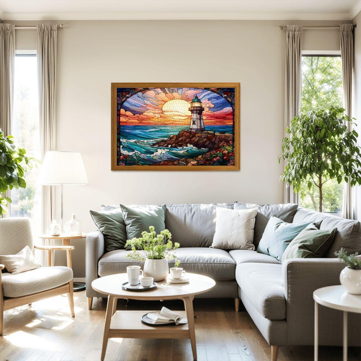 Stained Glass Lighthouse Puzzle: Ocean Sunset Scene,