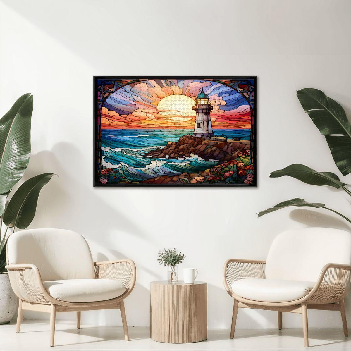 Stained Glass Lighthouse Puzzle: Ocean Sunset Scene,
