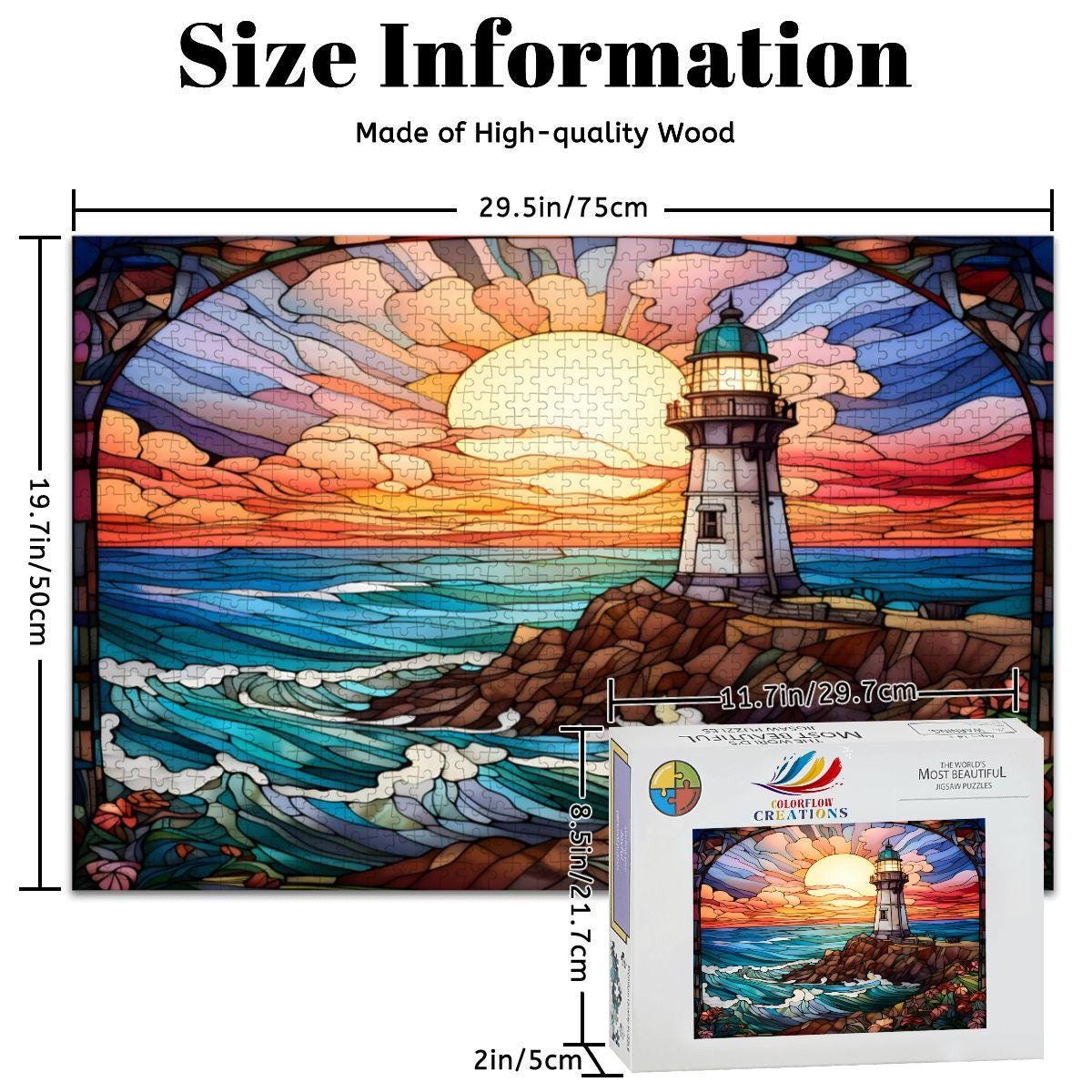 Stained Glass Lighthouse Puzzle: Ocean Sunset Scene,