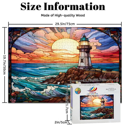 Stained Glass Lighthouse Puzzle: Ocean Sunset Scene,