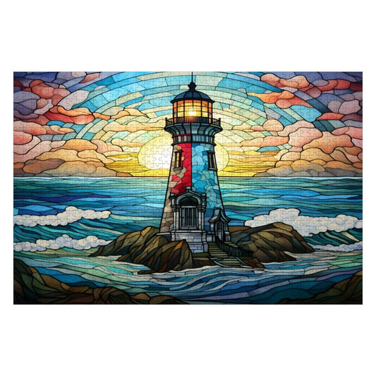 Stained Glass Lighthouse Puzzle: Coastal Sunset Wooden Jigsaw ( Option Available