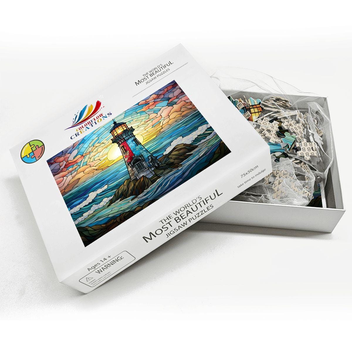 Stained Glass Lighthouse Puzzle: Coastal Sunset Wooden Jigsaw ( Option Available