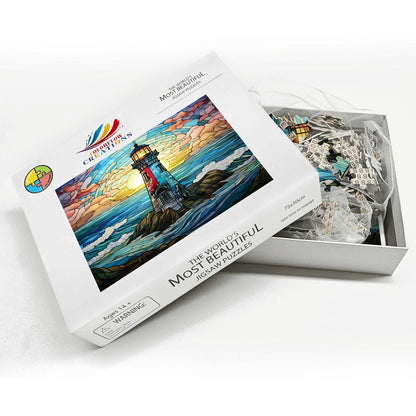 Stained Glass Lighthouse Puzzle: Coastal Sunset Wooden Jigsaw ( Option Available