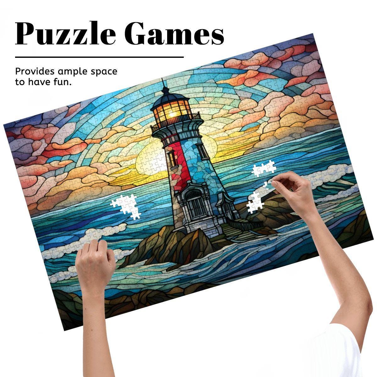 Stained Glass Lighthouse Puzzle: Coastal Sunset Wooden Jigsaw ( Option Available