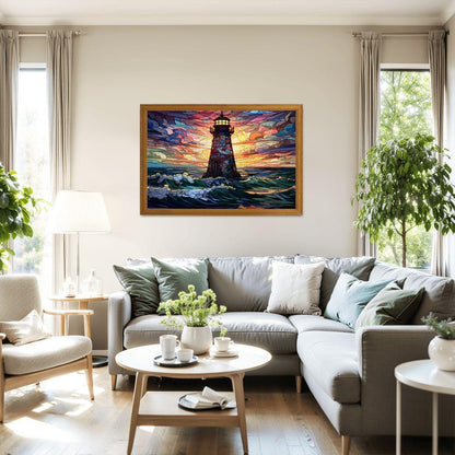 Stained Glass Lighthouse Puzzle: Multicolor Sunset Ocean Art,