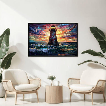 Stained Glass Lighthouse Puzzle: Multicolor Sunset Ocean Art,