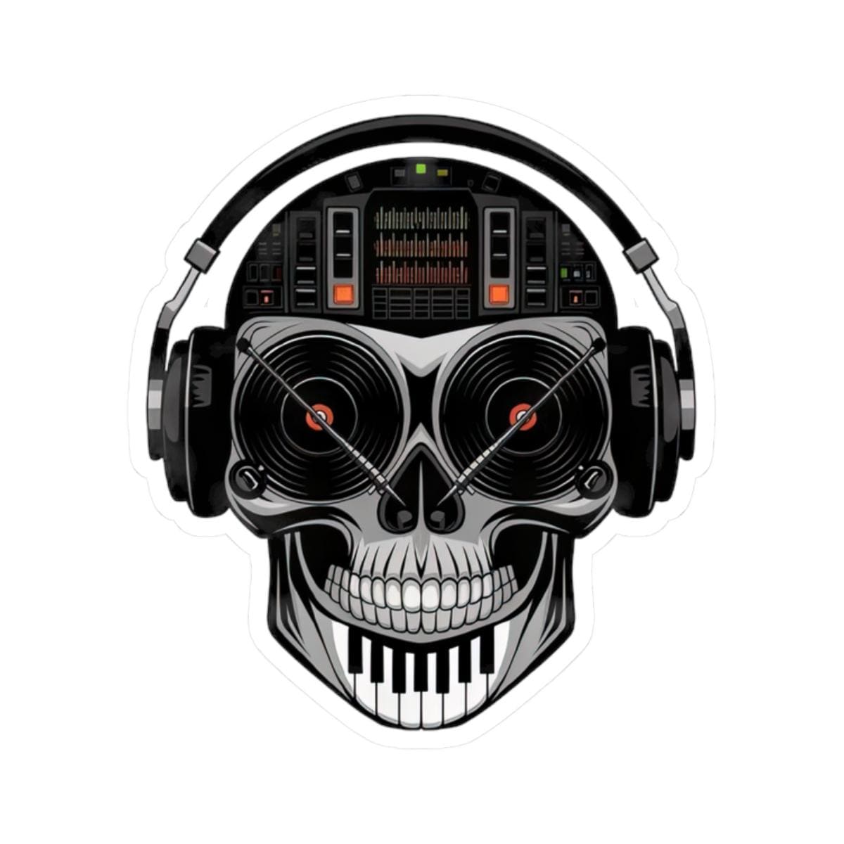 DJ Skull Sticker: Red Vinyl Eyes, Mixer, Piano - EDM Music Decal