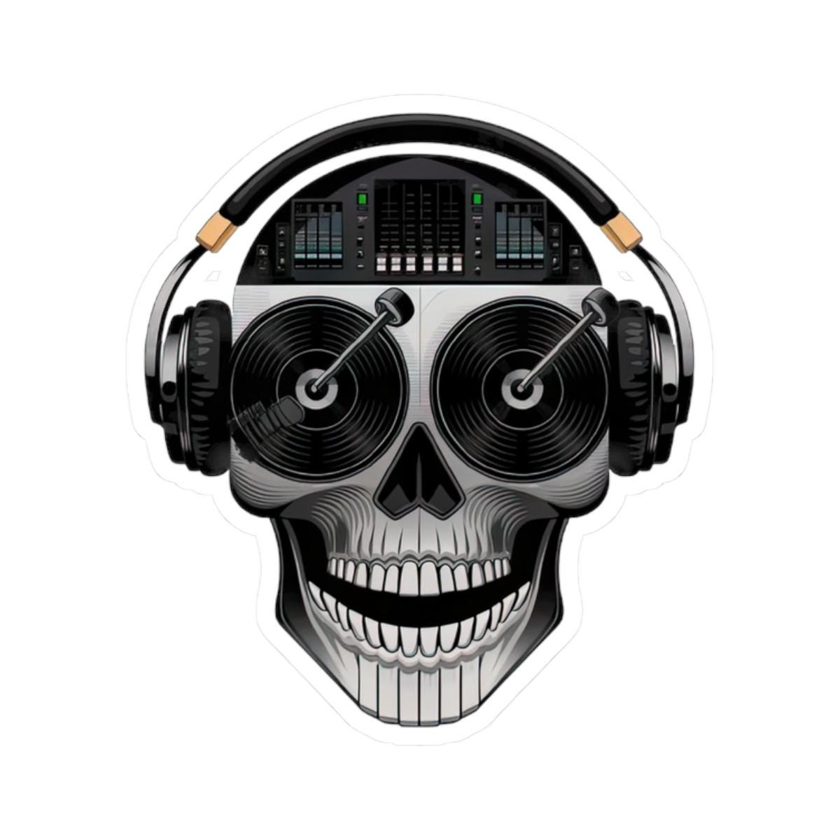 DJ Skull Sticker: Turntable Eyes, Mixer Brain - Waterproof Vinyl Decal