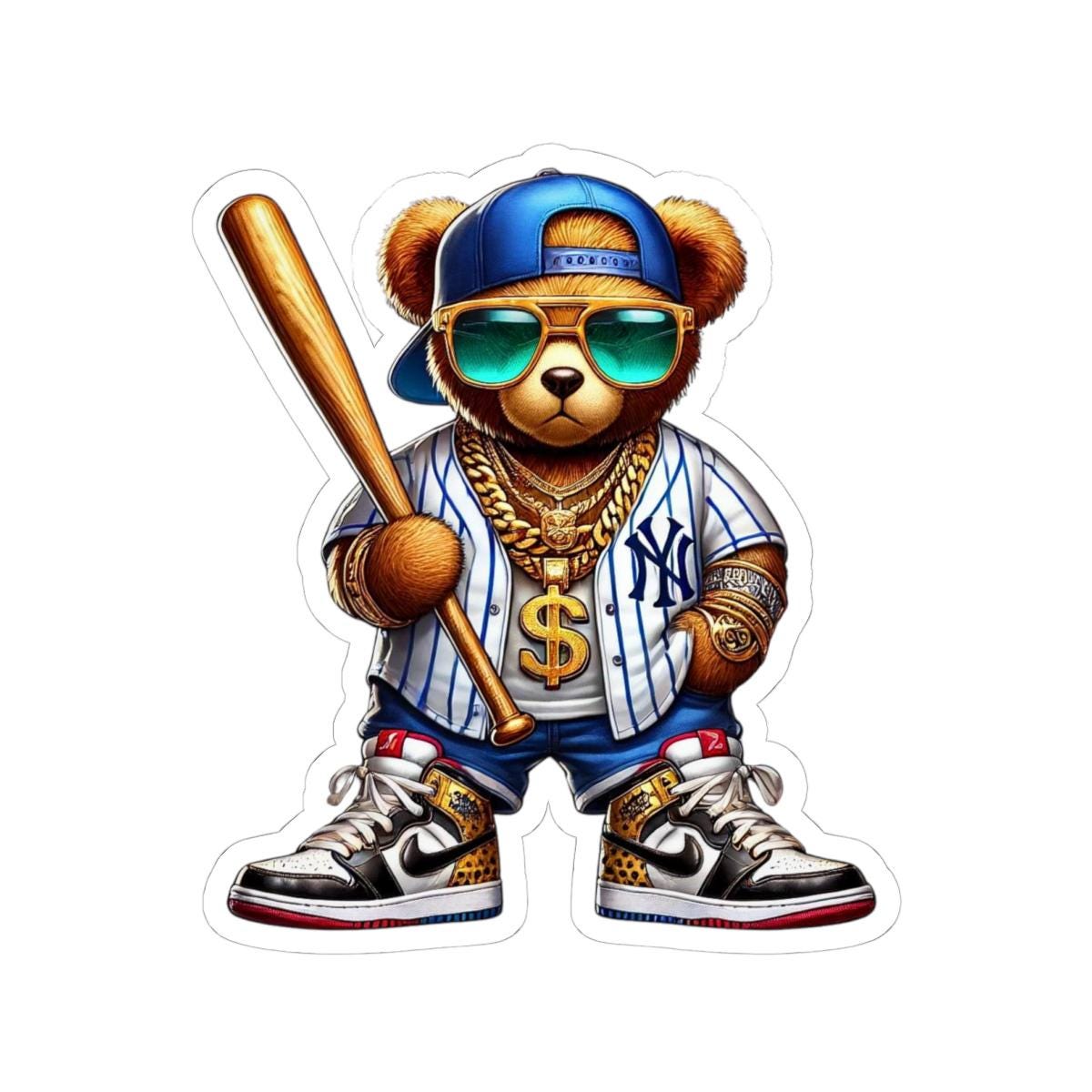 Hip Hop Teddy Bear Sticker: Urban Baseball Art Decal