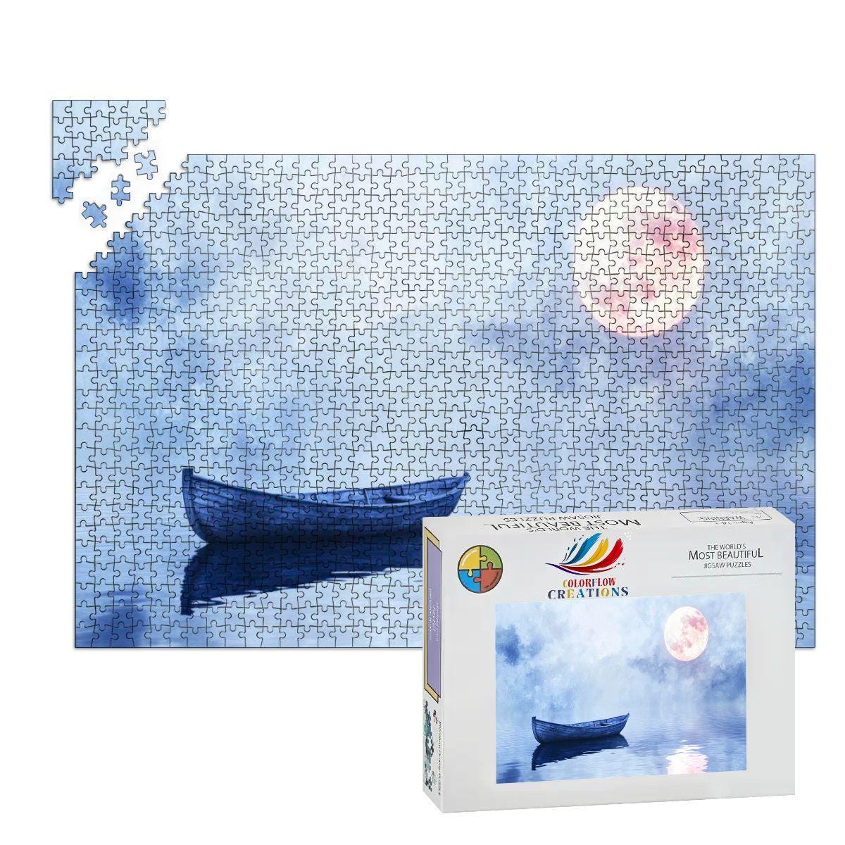ColorFlow | Silent Night Boat Wooden Puzzle 1000pc | Lake Moon Tranquility Puzzle