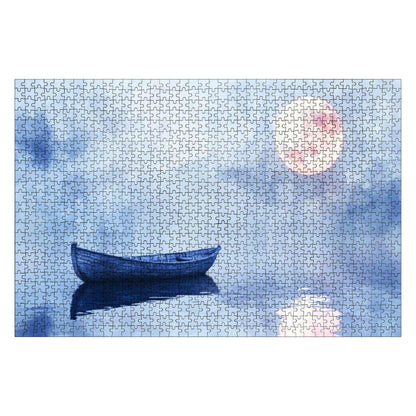 ColorFlow | Silent Night Boat Wooden Puzzle 1000pc | Lake Moon Tranquility Puzzle