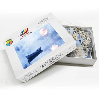 ColorFlow | Silent Night Boat Wooden Puzzle 1000pc | Lake Moon Tranquility Puzzle
