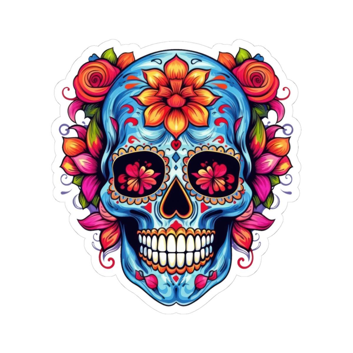 Blue Sugar Skull Vinyl Sticker: Floral Dia de los Muertos Decal