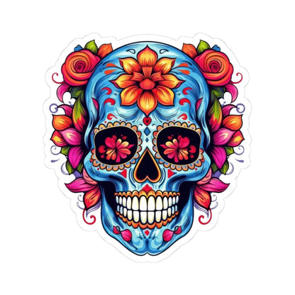 Blue Sugar Skull Vinyl Sticker: Floral Dia de los Muertos Decal