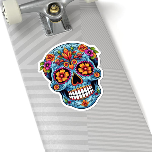 Blue Floral Sugar Skull Sticker: Waterproof Vinyl Decal - Dia de los Muertos Art
