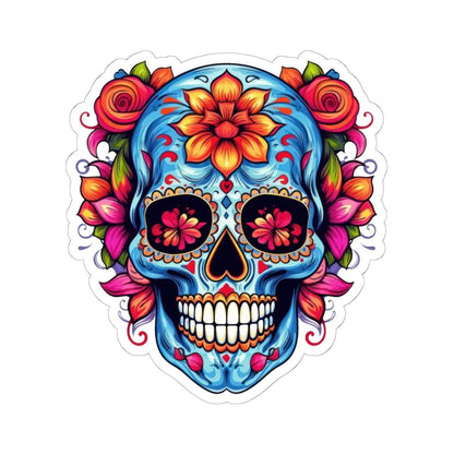 Blue Sugar Skull Vinyl Sticker: Floral Dia de los Muertos Decal