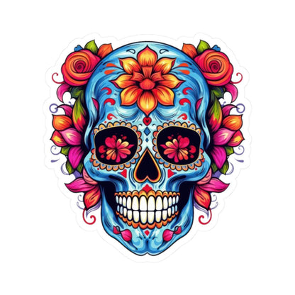 Blue Sugar Skull Vinyl Sticker: Floral Dia de los Muertos Decal
