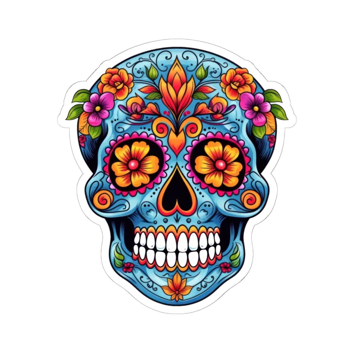 Blue Floral Sugar Skull Sticker: Waterproof Vinyl Decal - Dia de los Muertos Art