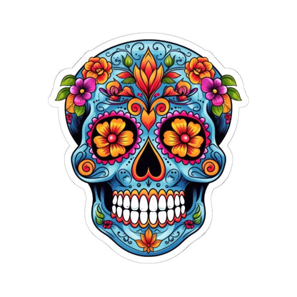Blue Floral Sugar Skull Sticker: Waterproof Vinyl Decal - Dia de los Muertos Art