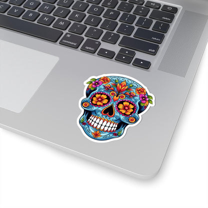 Blue Floral Sugar Skull Sticker: Waterproof Vinyl Decal - Dia de los Muertos Art