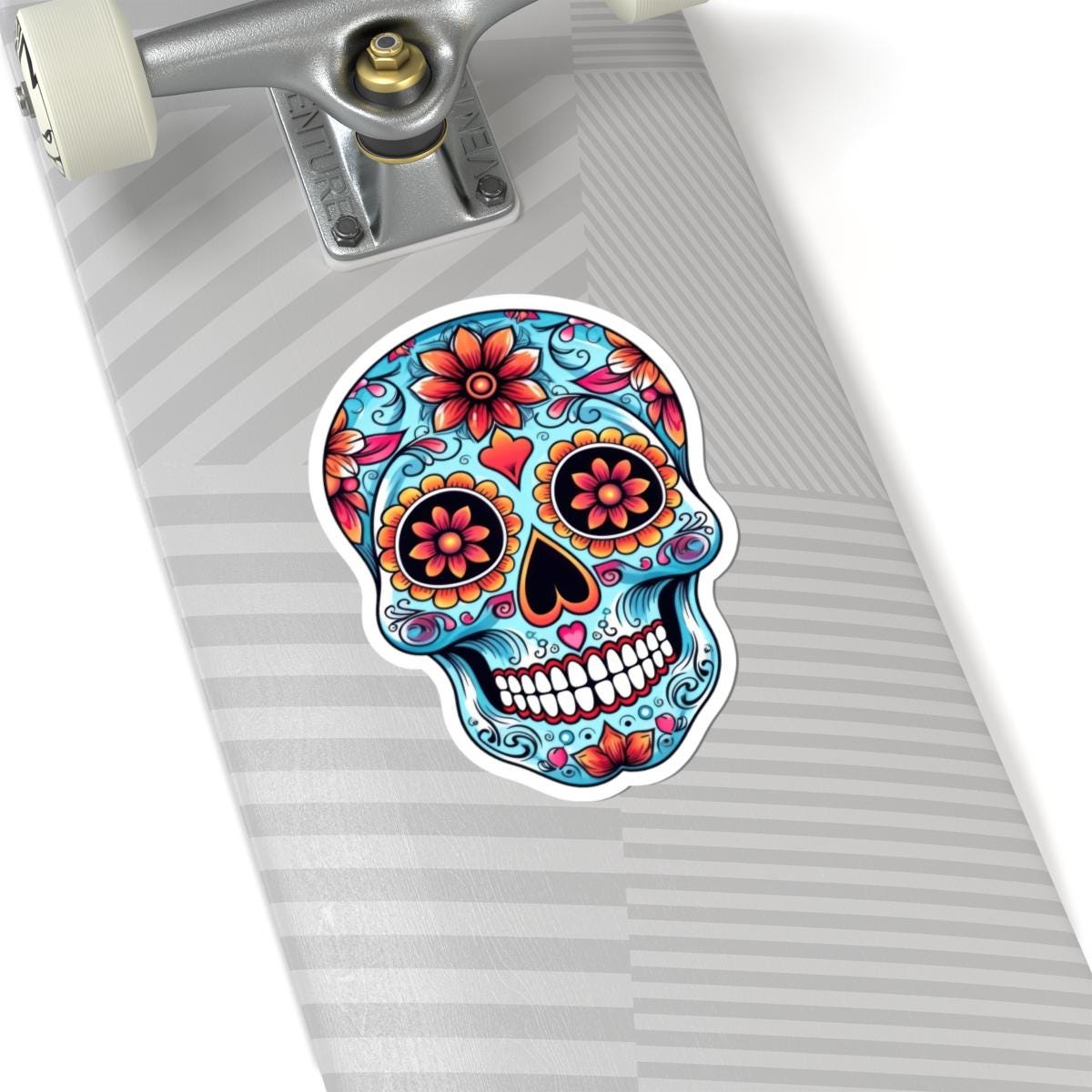 ColorFlow | Floral Sugar Skull Vinyl Sticker | Day of the Dead Heart Eyes Decal | Waterproof Colorful Calavera Laptop Sticker