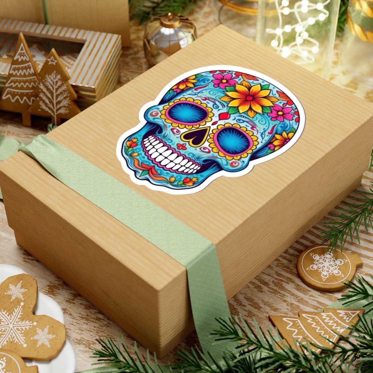 Floral Sugar Skull Vinyl Sticker: Vibrant Dia de los Muertos Decal