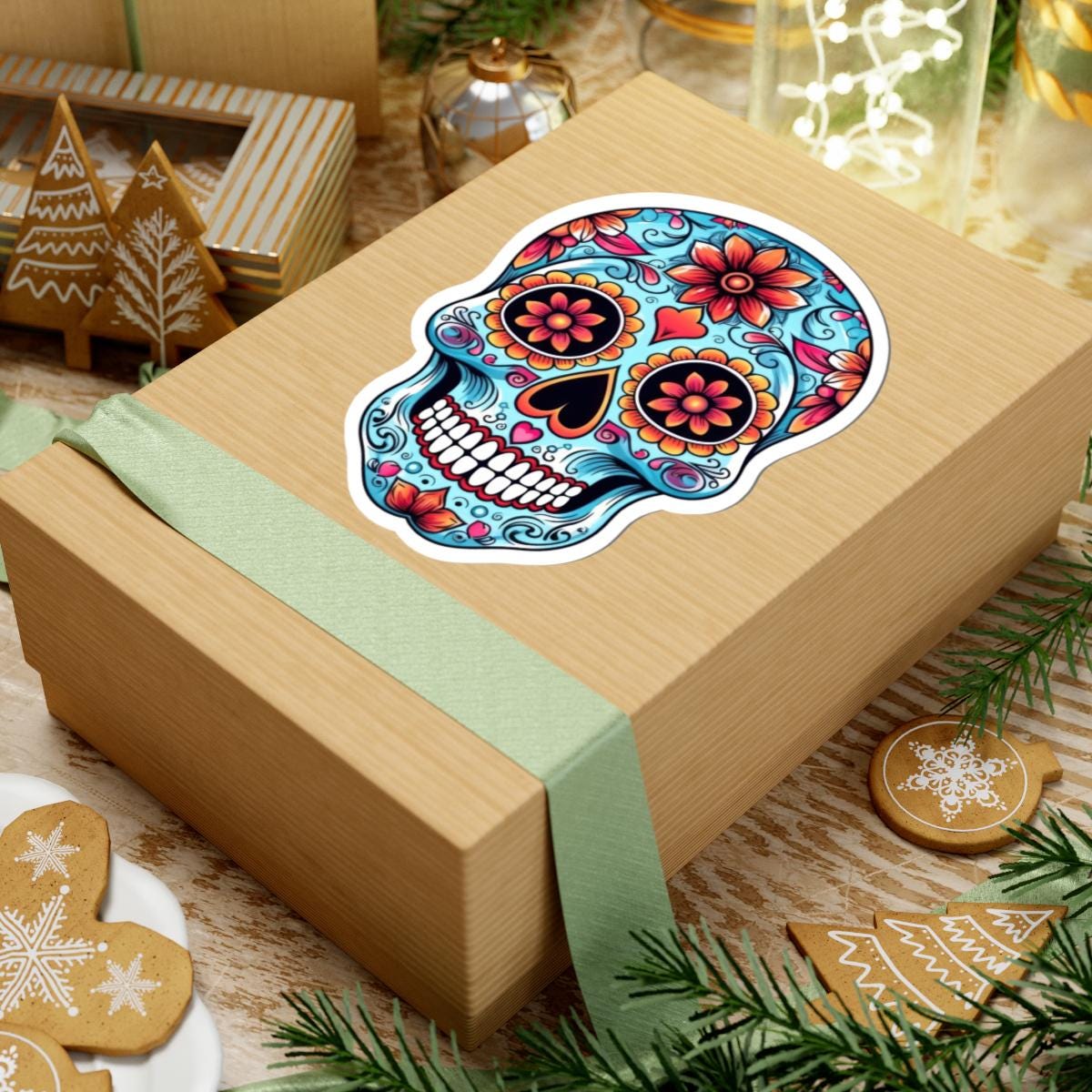 ColorFlow | Floral Sugar Skull Vinyl Sticker | Day of the Dead Heart Eyes Decal | Waterproof Colorful Calavera Laptop Sticker