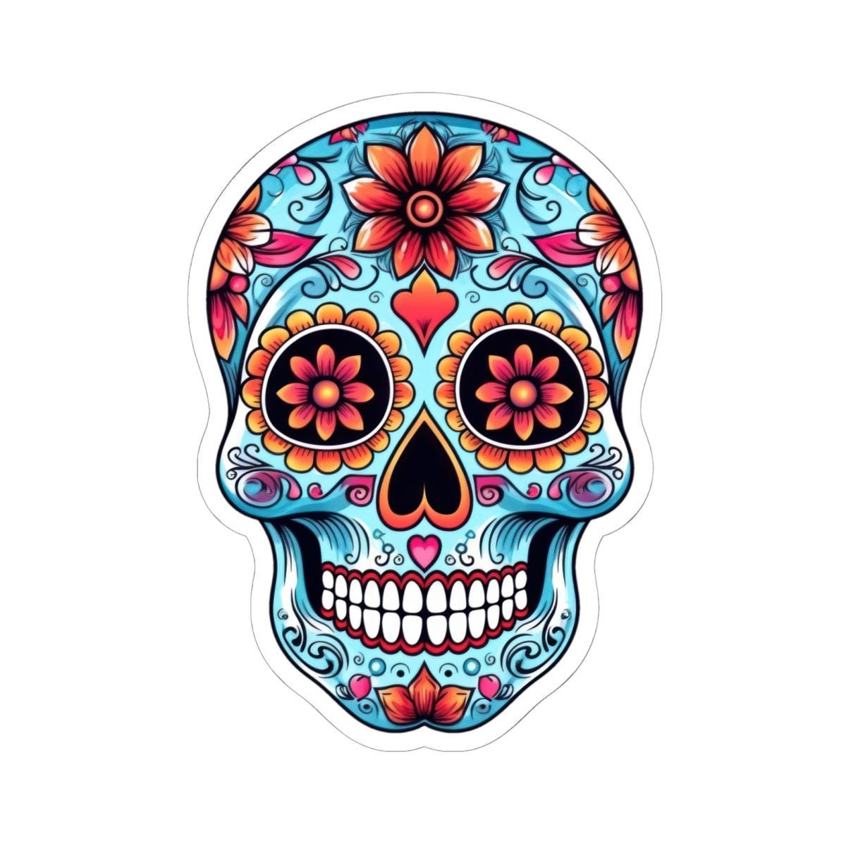 ColorFlow | Floral Sugar Skull Vinyl Sticker | Day of the Dead Heart Eyes Decal | Waterproof Colorful Calavera Laptop Sticker