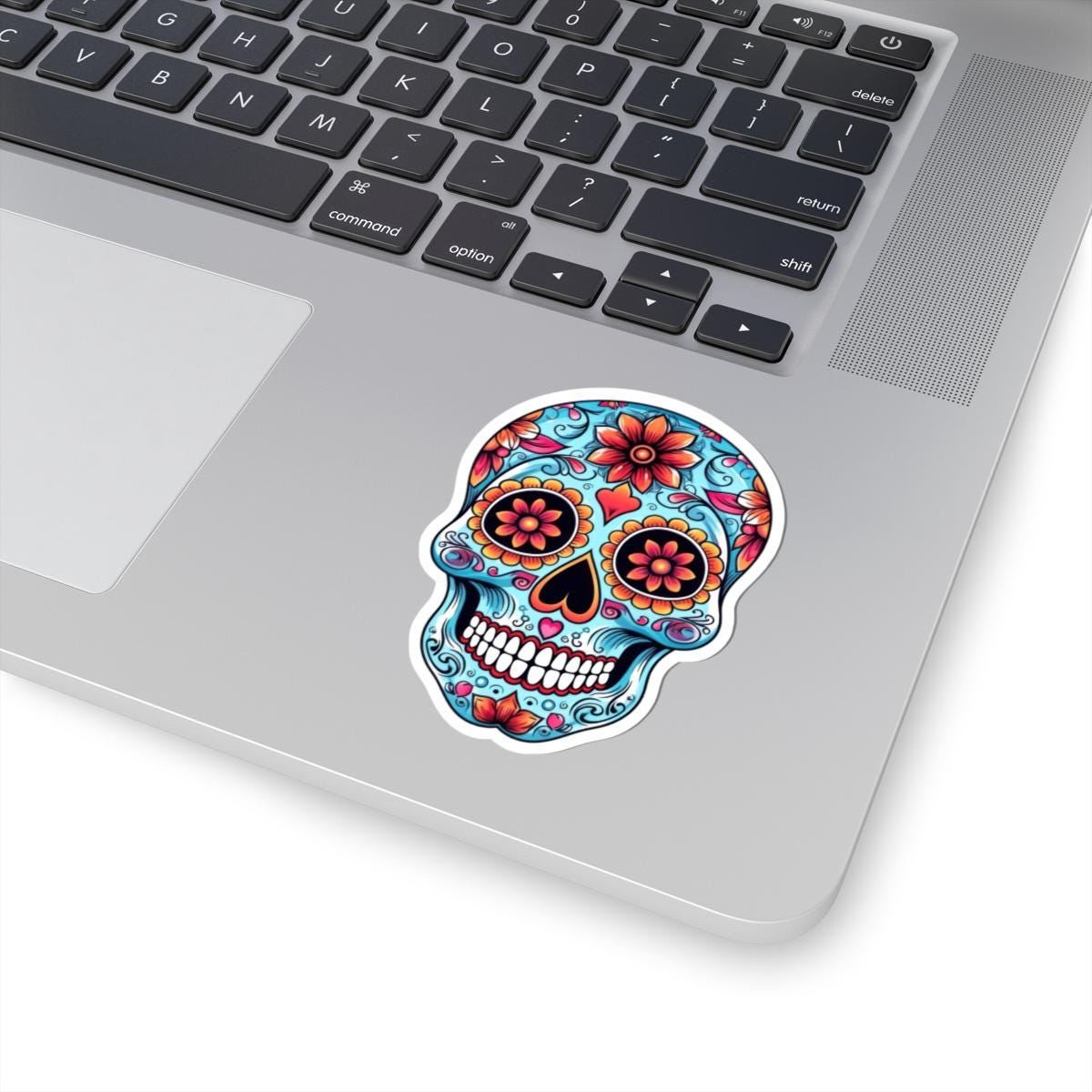 ColorFlow | Floral Sugar Skull Vinyl Sticker | Day of the Dead Heart Eyes Decal | Waterproof Colorful Calavera Laptop Sticker