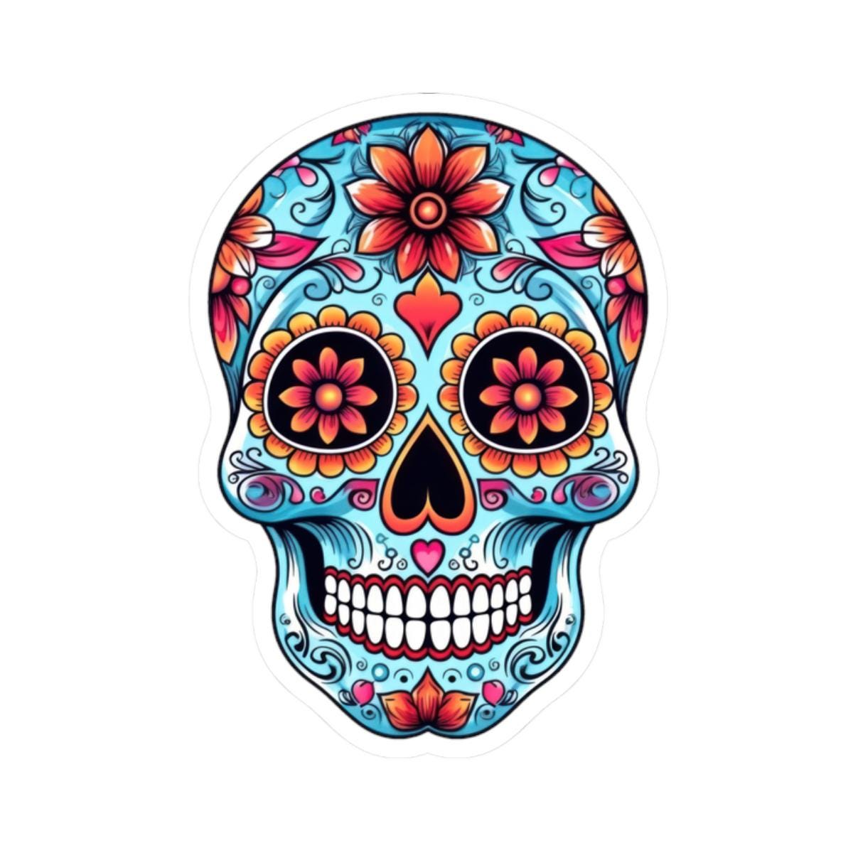 ColorFlow | Floral Sugar Skull Vinyl Sticker | Day of the Dead Heart Eyes Decal | Waterproof Colorful Calavera Laptop Sticker