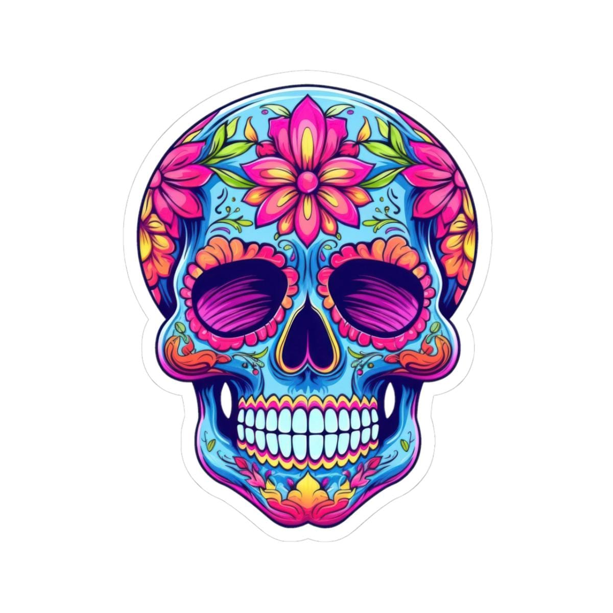 Pink Floral Sugar Skull Sticker: Waterproof Vinyl Decal, Dia de los Muertos