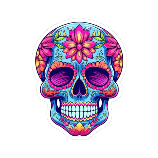 Pink Floral Sugar Skull Sticker: Waterproof Vinyl Decal, Dia de los Muertos