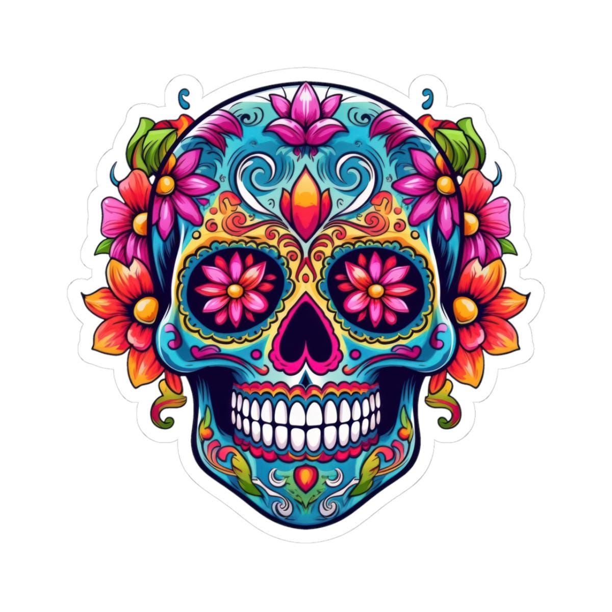 Teal Sugar Skull Sticker: Floral Calavera, Waterproof Vinyl Decal