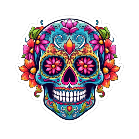 Teal Sugar Skull Sticker: Floral Calavera, Waterproof Vinyl Decal