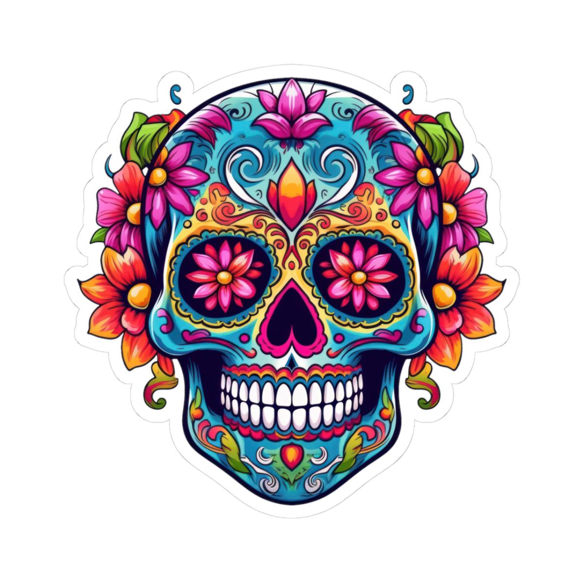 Teal Sugar Skull Sticker: Floral Calavera, Waterproof Vinyl Decal