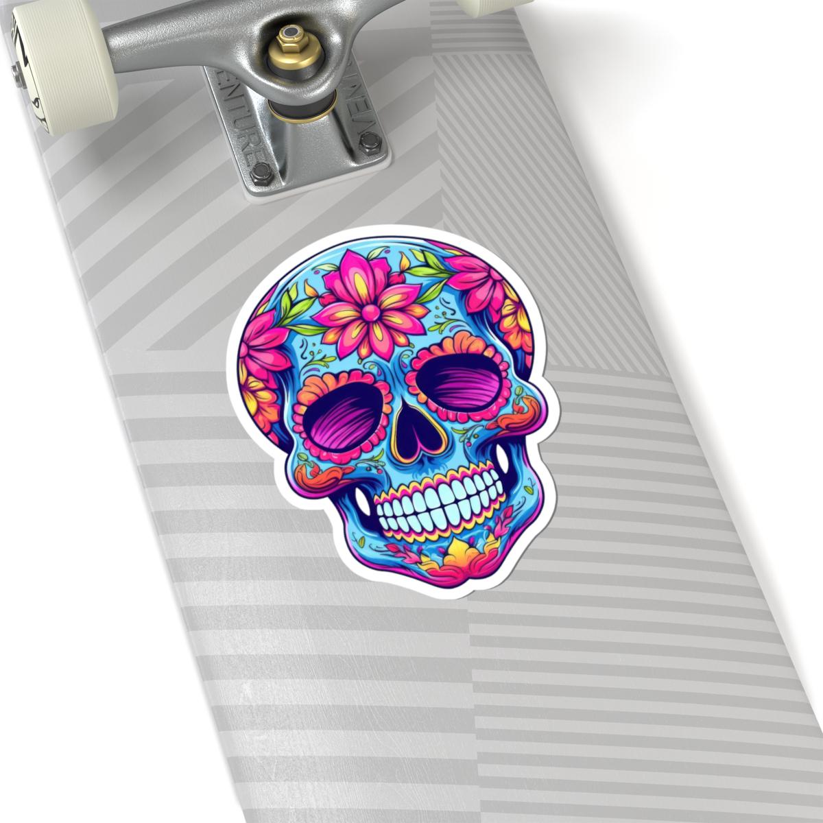 Pink Floral Sugar Skull Sticker: Waterproof Vinyl Decal, Dia de los Muertos