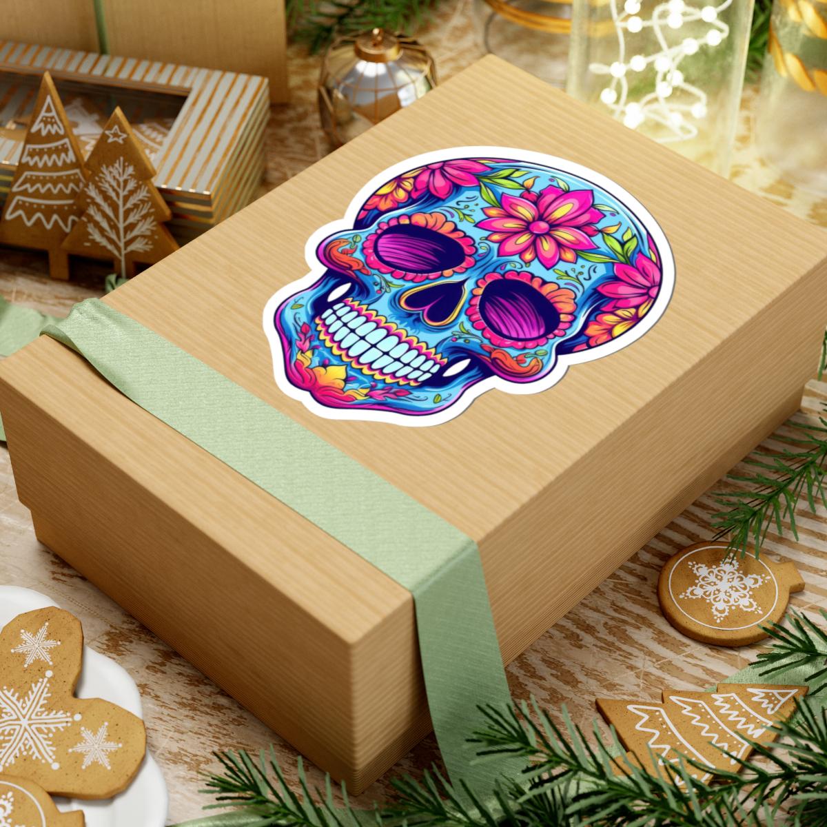 Pink Floral Sugar Skull Sticker: Waterproof Vinyl Decal, Dia de los Muertos